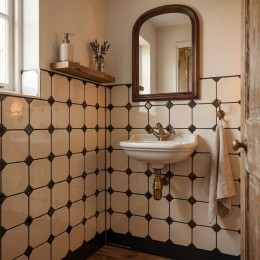 	image of Cotswolds English Cream Gloss Octagon Ceramic Wall Tile 150x150mm with Parliament Black Taco (Insert) used on wall in country bathroom